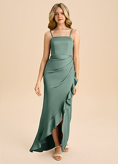 Azazie Buzzy Junior Eucalyptus Sheath Pleated Stretch Satin Dress image4