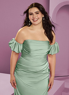 Barbie ♥ Azazie Jurken voor bruidsmeisjes Converteerbaar Jurk van Stretch Satijn met Kolom Off the Shoulder Agave image15