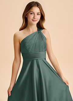 Azazie Charlize Junior Abito A-Line in Raso Elasticizzato Plissettato Muschio Marino image6