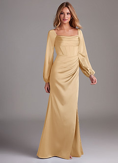 Azazie Charissa Brautjungfernkleider Etui Langarm Stretch-Satin Kleid Gold image6