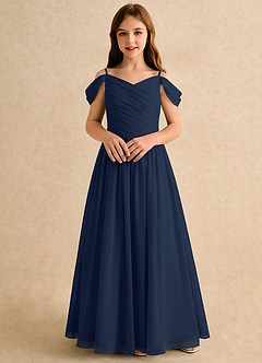 Azazie Chelo Girls Formal vestidos de niña de las flores Vestido de Azul Marino Oscuro de Gasa de Corte en A con Plisado image4