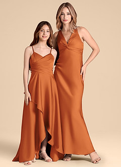 Azazie Prisha Junior Cinnamon A-Line Pleated Stretch Satin Dress image3