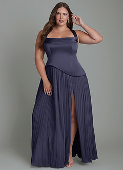 Azazie Stephanie Robes de demoiselle d'honneur Robe Trapèze en Satin extensible Plissé Bleu Orageux image7
