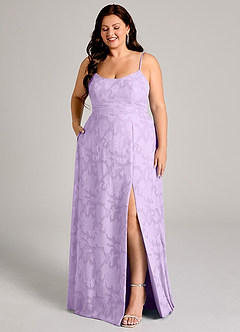 Azazie Moira Bridesmaid Dresses Lilac A-Line Side Slit Floral Burnout Dress image10