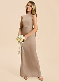 Azazie Emi Junior Taupe Sheath Bow Stretch Satin Dress image2