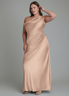 Azazie Emerson Jurken voor bruidsmeisjes Jurk van Metaalachtig Satijn met Zeemeermin Off-shoulder Taupe image4