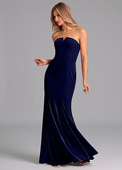 Azazie Yinnie Robes de demoiselle d'honneur Robe Sirène Convertible en velours Sans bretelle Bleu Marine Foncé image4