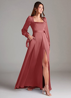 Azazie Leonia Robes de demoiselle d'honneur Robe Trapèze en Satin extensible Manche longue Antique Rose image4