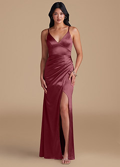 Azazie Shania Vestidos de damas de honor Vestido de Rosa Del Desierto de Satén Metálico de Corte Recto con Plisado image1