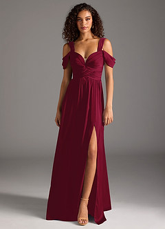 Azazie Lianne Robes de demoiselle d'honneur Robe Trapèze en Satin extensible Épaule décolletée Bourgogne image8