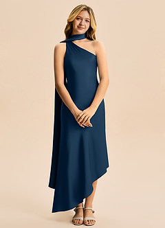 Azazie Briony Junior Vestido Azul Marinho de Cetim elástico de Bainha com Plissado image7