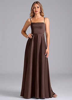 Azazie Elita 신부 들러리 드레스 A라인 주름진 스트레치 새틴 바닥 길이 드레스 image1