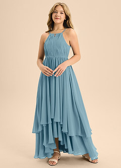 Azazie Elliora Junior A-Linie Plissee Chiffon Kleid Stimmungsvolles Blau image4