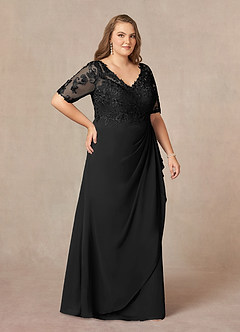 Azazie Amedeus Mère de la mariée Robes Robe Trapèze en Mousseline de soie Col V en dentelle Noir image9