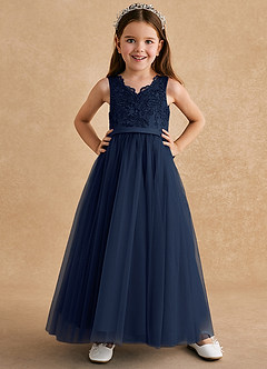 Azazie Cinna Flower Girl Dresses Dark Navy A-Line Lace Tulle Dress image1