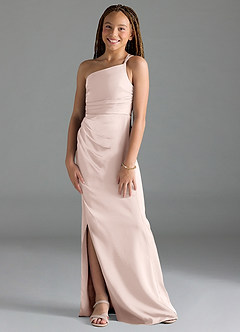 Azazie Eren Junior Blushing Pink Sheath Pleated Stretch Satin Dress image4