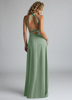 Azazie Clarice Robes de demoiselle d'honneur Robe Trapèze en Satin extensible Col Haut Matcha image3
