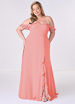 Barbie ♥ Azazie Robes de demoiselle d'honneur Robe Trapèze Convertible en Mousseline de soie Épaule décolletée Corail image6
