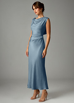 Azazie Kieryn Robes de demoiselle d'honneur Robe Sirène en Satin extensible Plissée Bleu Poussiéreux image3