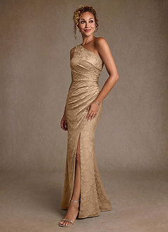 Azazie Joylin Mother of the Bride Dresses Champagne Trumpet One Shoulder Floral Burnout Dress image3