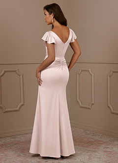 Azazie Roya Mother of the Bride Dresses Blushing Pink Mermaid V-Neck Pleated Stretch Satin Dress image3
