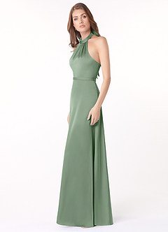 Azazie Delmar Bridesmaid Dresses Matcha A-Line Halter Bow Stretch Satin Dress image3