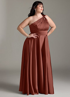 Azazie Charlize Bridesmaid Dresses Auburn A-Line One Shoulder Stretch Satin Dress image12