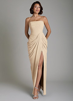 Azazie Nyra Robes de demoiselle d'honneur Robe Fourreau en Mousseline de soie Corset Champagne image1
