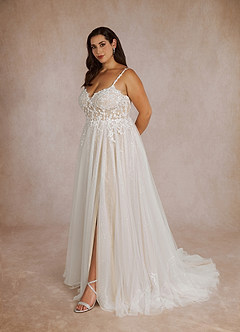 Azazie Florian At-home Try On Dresses Diamond White Champagne A-Line V-Neck Sequins Tulle Dress image11