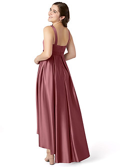 Azazie Inaya Junior Desert Rose A-Line with Belt Stretch Satin Dress image4