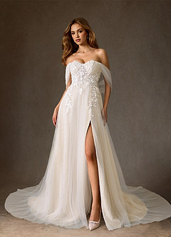 Azazie Seradine Wedding Dresses Diamond White Champagne A-Line Off the Shoulder Beading Dress image1
