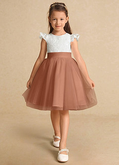 Azazie Vetty Flower Girl Dresses Ivory Bronzer A-Line Lace Tulle Dress image6