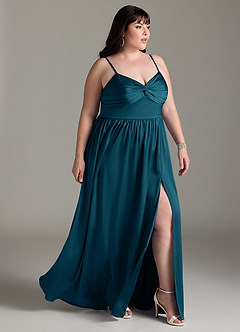 Azazie Zeya Robes de demoiselle d'honneur Robe Trapèze en Satin extensible Plissée Bleu Encre image12