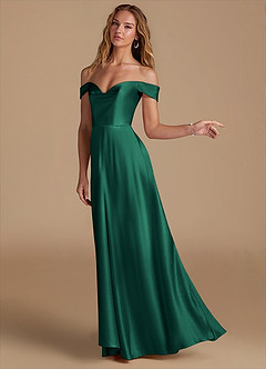 Azazie Jackalin Bridesmaid Dresses Emerald A-Line Off the Shoulder Metallic Satin Convertible Dress image3