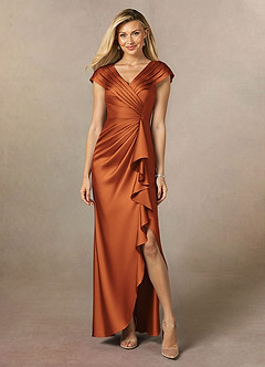 Azazie Anderson Mother of the Bride Dresses Cinnamon A-Line Pleated Stretch Satin Dress image1