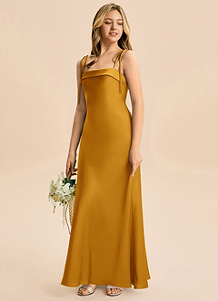 Azazie Willa Junior Robe Trapèze en Satin extensible Arc Caramel écossais image5