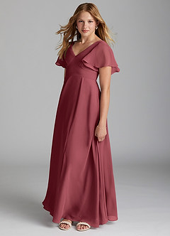 Azazie Kimber Junior Abito A-Line in Chiffon Plissettato Merlot image3