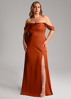 Azazie Saige Bridesmaid Dresses Paprika Sheath Off the Shoulder Stretch Satin Dress image11