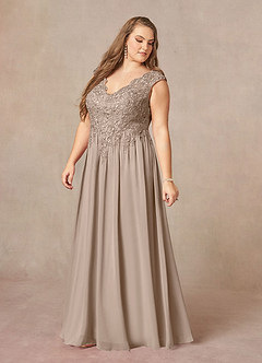 Azazie Amethyst Mother of the Bride Dresses Taupe A-Line V-Neck Sequins Chiffon Dress image12