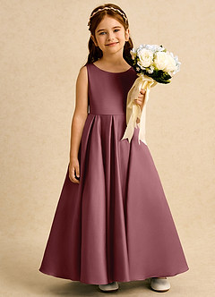 Azazie Pepper vestidos de niña de las flores Vestido de Rosa Del Desierto de Satin Mate de Corte En A con Plisado image6