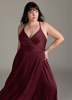 Azazie Davis Bridesmaid Dresses Cabernet A-Line Pleated Stretch Satin Dress image11