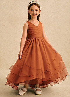 Azazie Seraphina Robe Demoiselle D'honneur Fillette Robe Trapèze en Tulle Plissée Cannelle image3