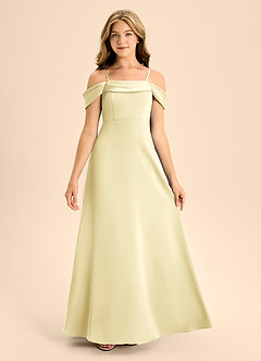 Azazie Anselie Junior Lemon Sorbet A-Line Off the Shoulder Stretch Satin Dress image7