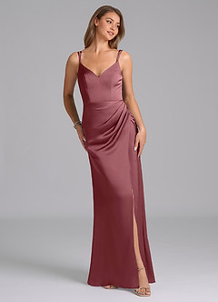 Azazie Leo Bridesmaid Dresses Desert Rose Sheath Pleated Stretch Satin Dress image4
