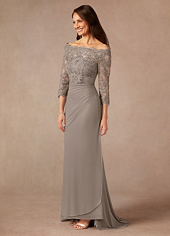Azazie Rhonda Mother of the Bride Dresses Taupe Mermaid Off the Shoulder Mesh Dress image4