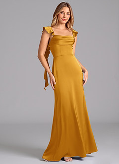 Azazie Adi Vestidos de madrinha de casamento Vestido Caramelo de Cetim elástico de Linha A com Plissado image5