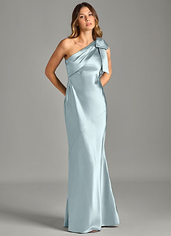 Azazie Yuanna Brautjungfernkleider Meerjungfrau-Linie One-Shoulder Metallischer Satin Kleid Nebel image5