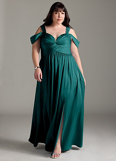Azazie Lianne Bridesmaid Dresses Peacock A-Line Off the Shoulder Stretch Satin Dress image9