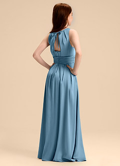 Azazie Bibiane Junior Abito A-Line in Raso Elasticizzato Plissettato Blu Acciaio image7