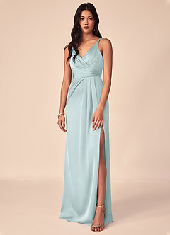 Azazie Aqua Bridesmaid Dresses Mist A-Line V-Neck Pleated Stretch Satin Dress image1
